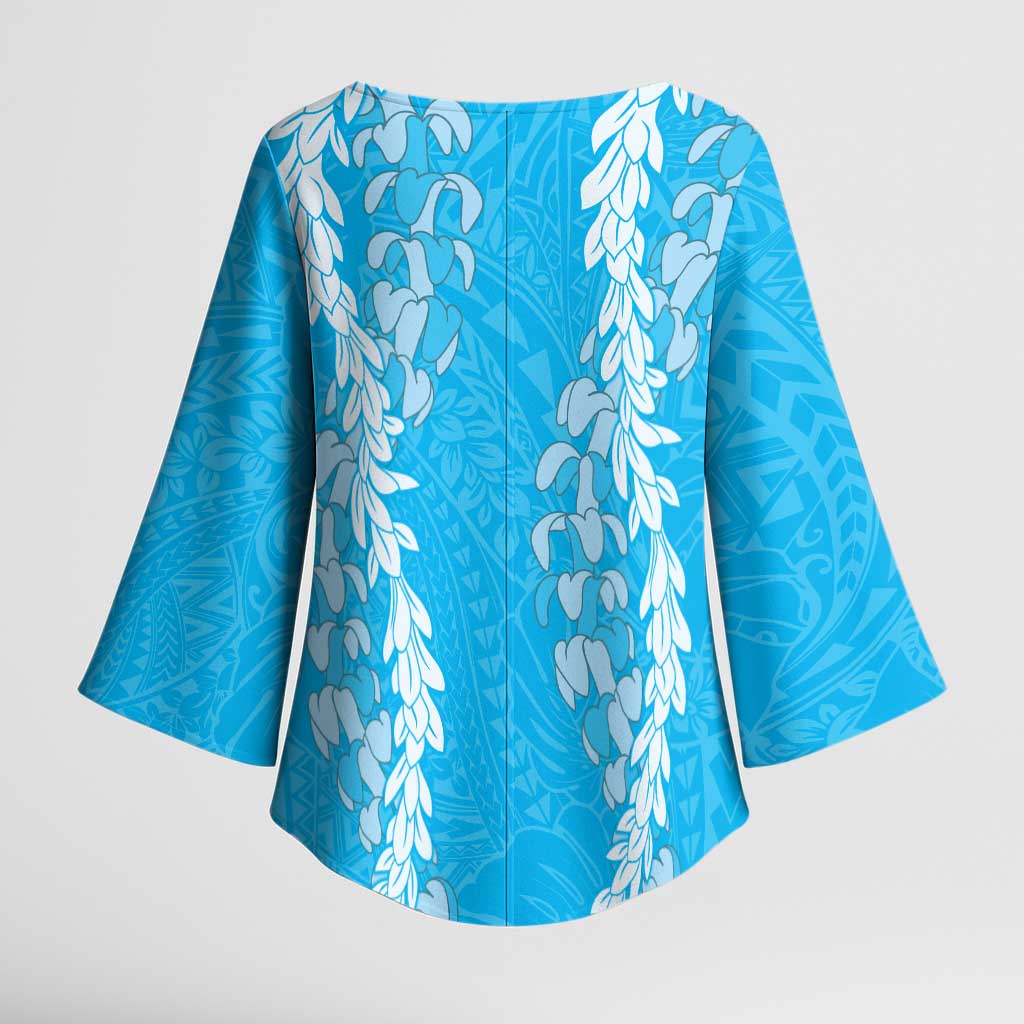 Puakenikeni and Maile Lei Kimono Sleeve Blouse Blue Double Strand Lei - Polynesian Pride