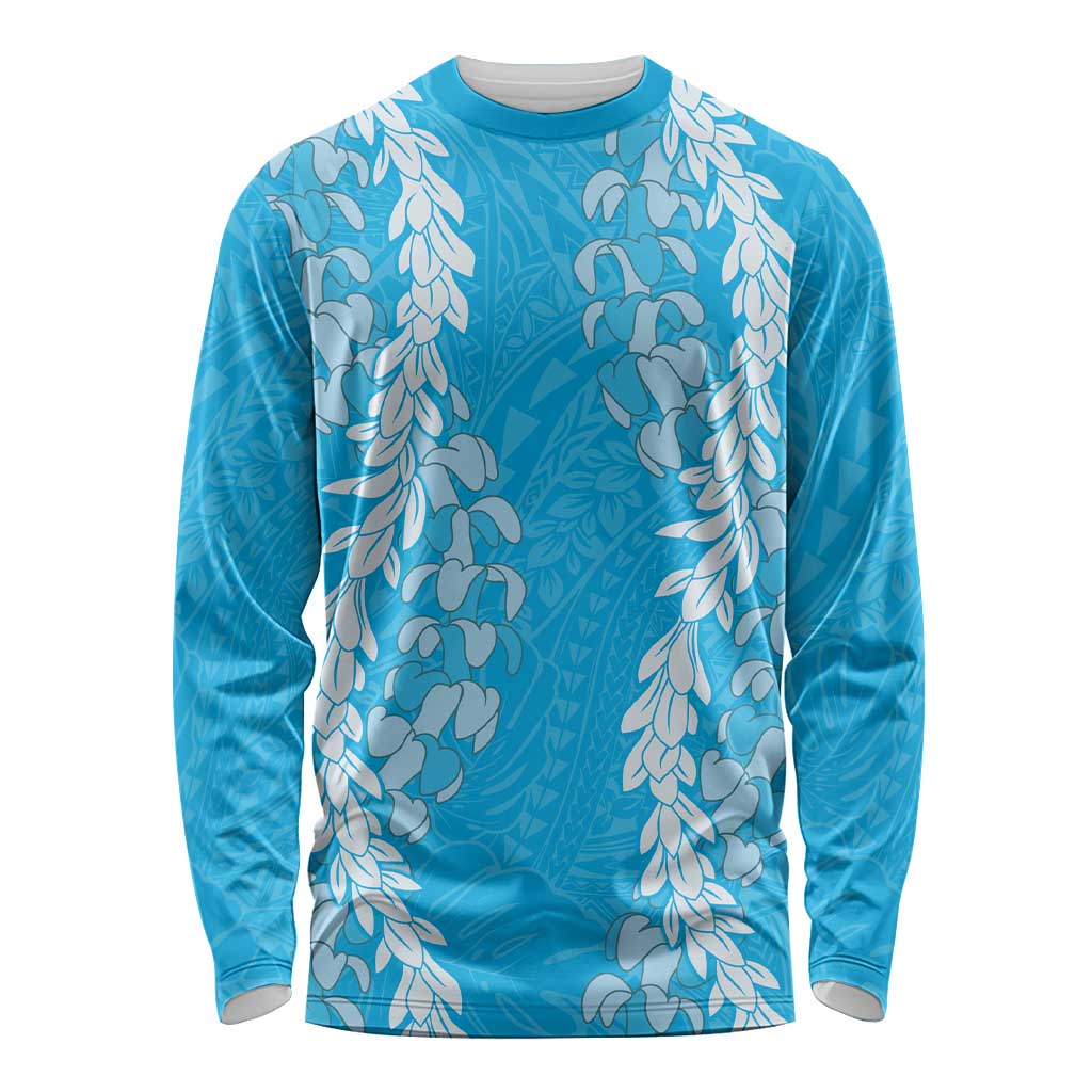 Puakenikeni and Maile Lei Long Sleeve Shirt Blue Double Strand Lei