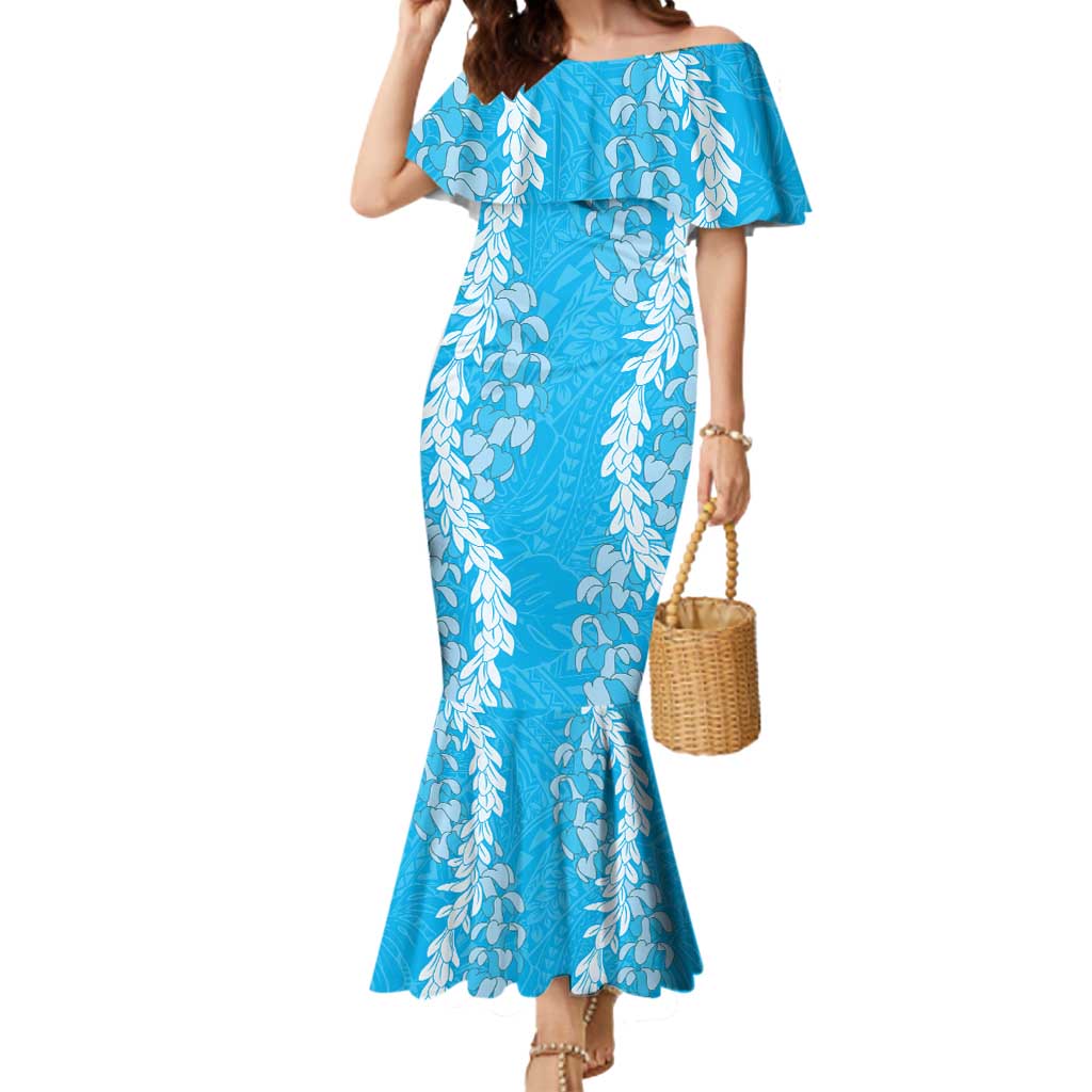 Puakenikeni and Maile Lei Mermaid Dress Blue Double Strand Lei