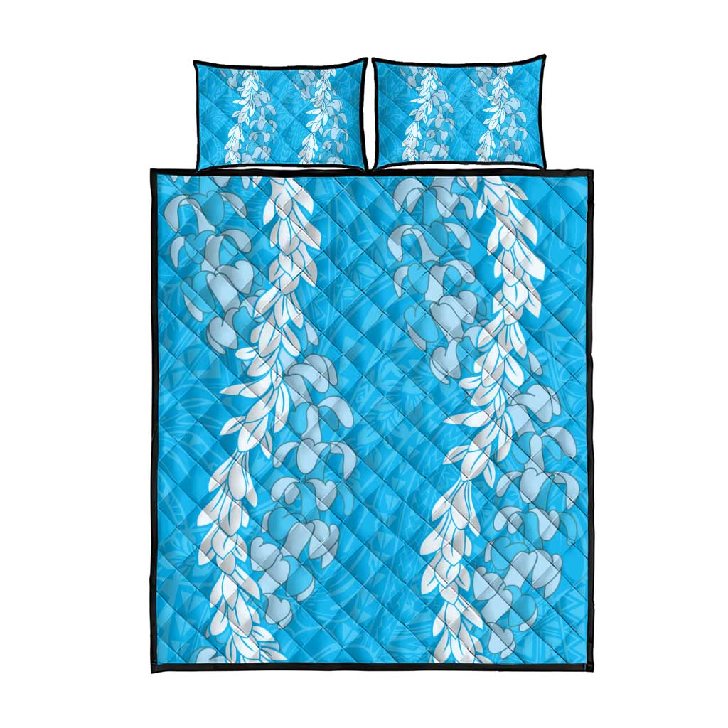 Puakenikeni and Maile Lei Quilt Bed Set Blue Double Strand Lei