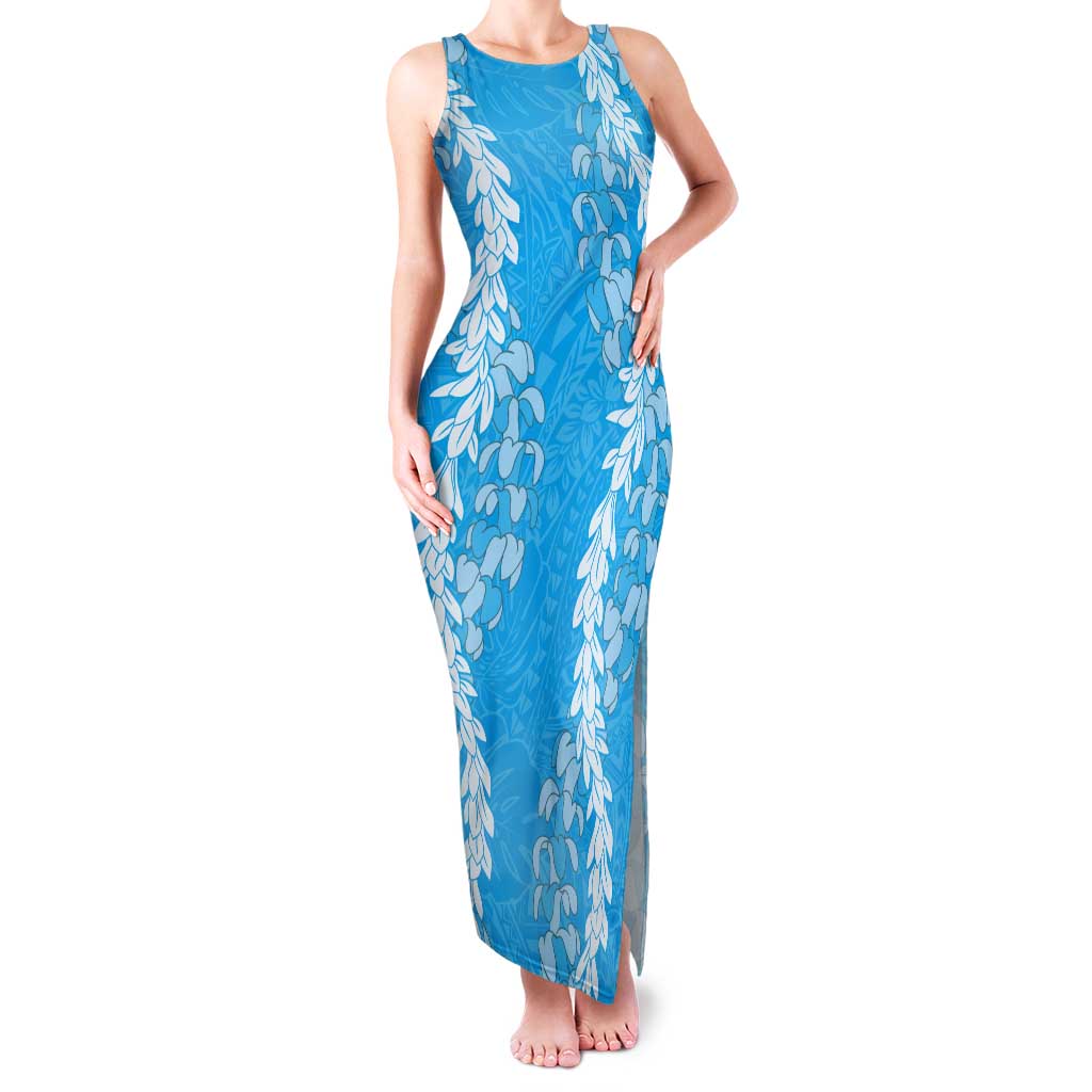 Puakenikeni and Maile Lei Tank Maxi Dress Blue Double Strand Lei