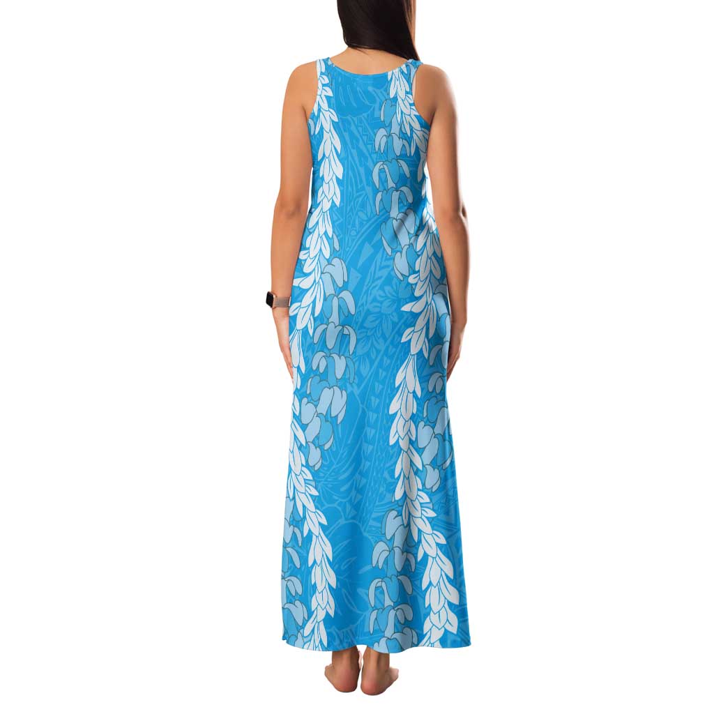 Puakenikeni and Maile Lei Tank Maxi Dress Blue Double Strand Lei