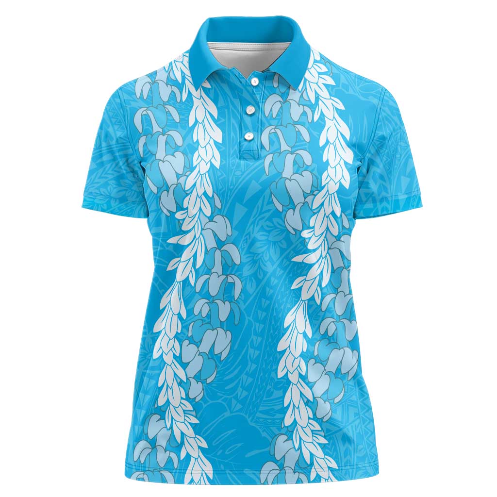 Puakenikeni and Maile Lei Women Polo Shirt Blue Double Strand Lei
