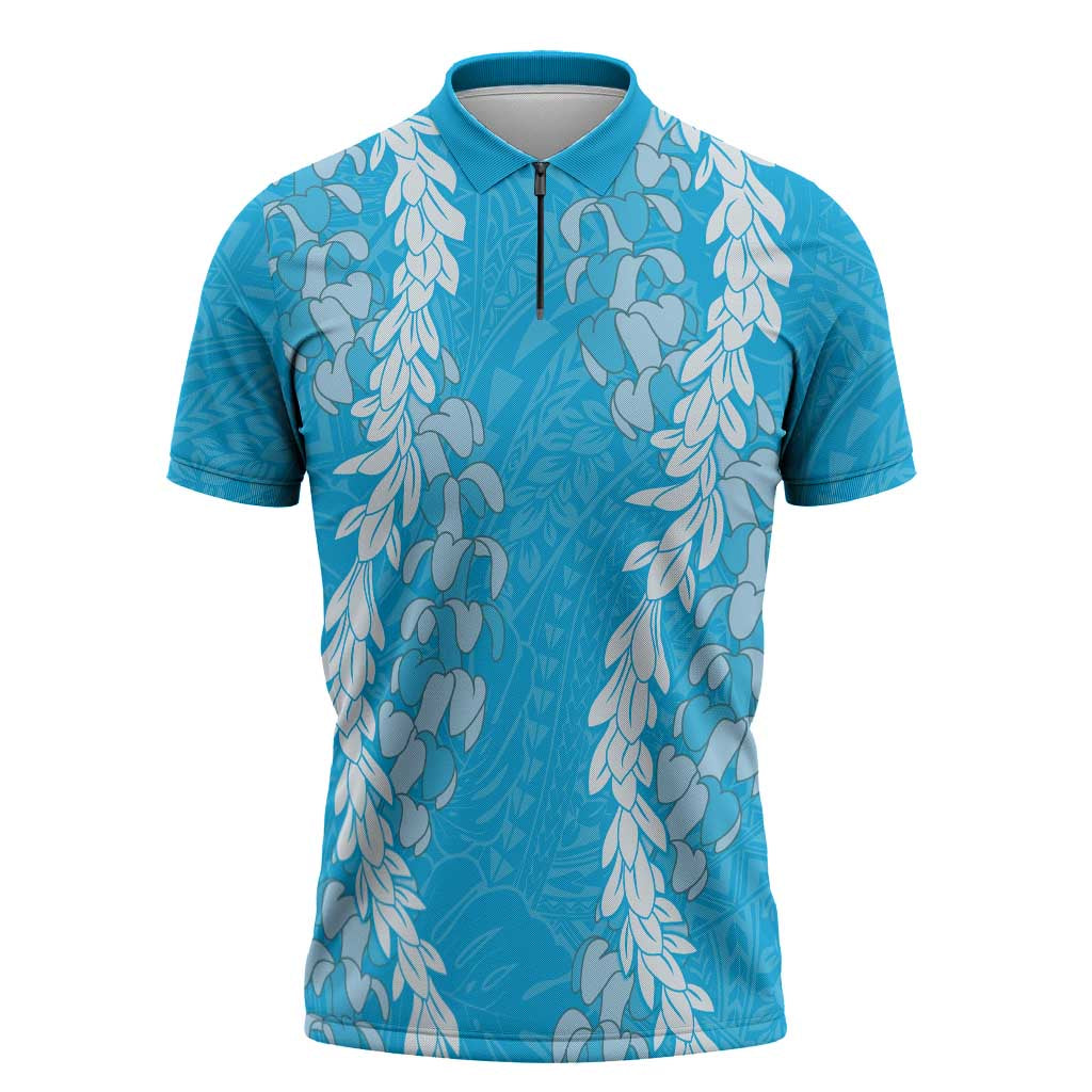 Puakenikeni and Maile Lei Zipper Polo Shirt Blue Double Strand Lei - Polynesian Pride