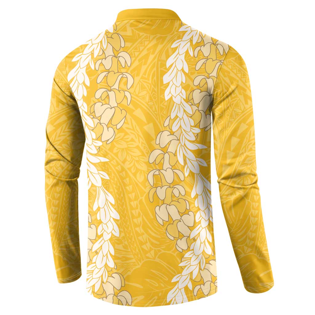 Puakenikeni and Maile Lei Button Sweatshirt Gold Double Strand Lei