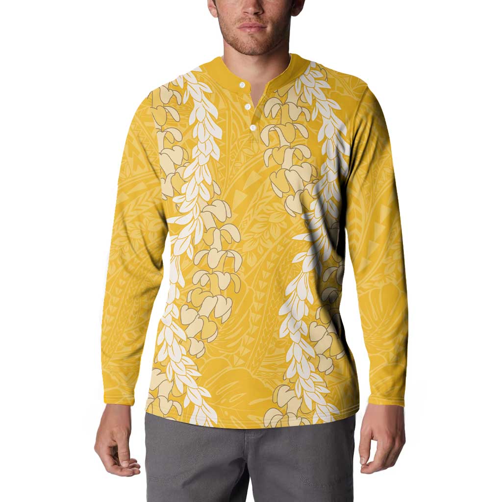 Puakenikeni and Maile Lei Button Sweatshirt Gold Double Strand Lei