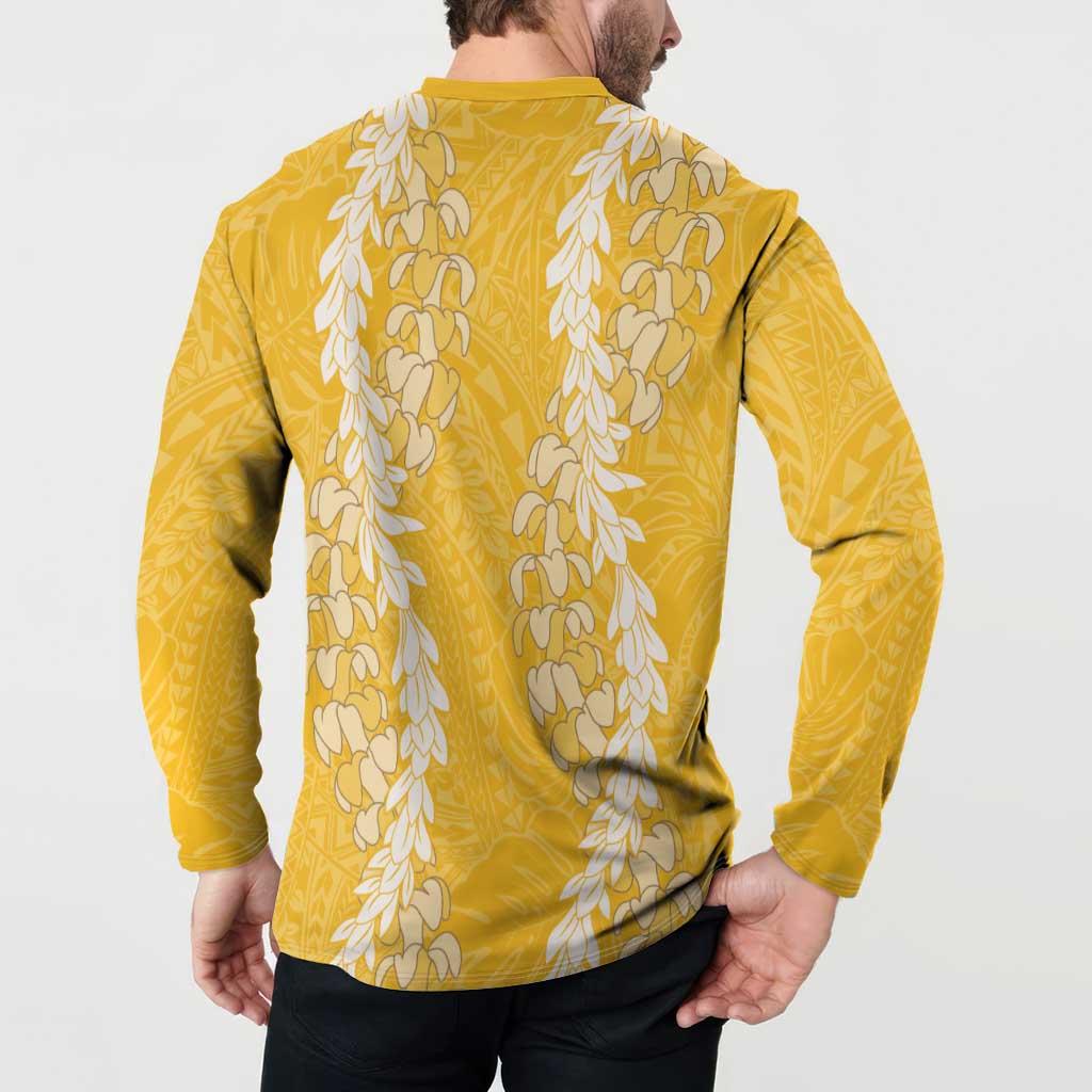 Puakenikeni and Maile Lei Button Sweatshirt Gold Double Strand Lei