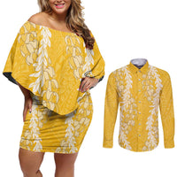 Puakenikeni and Maile Lei Couples Matching Off Shoulder Short Dress and Long Sleeve Button Shirt Gold Double Strand Lei