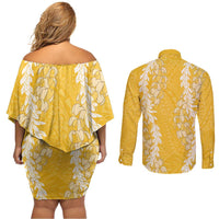 Puakenikeni and Maile Lei Couples Matching Off Shoulder Short Dress and Long Sleeve Button Shirt Gold Double Strand Lei