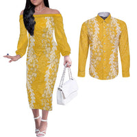 Puakenikeni and Maile Lei Couples Matching Off The Shoulder Long Sleeve Dress and Long Sleeve Button Shirt Gold Double Strand Lei LT9 Gold - Polynesian Pride