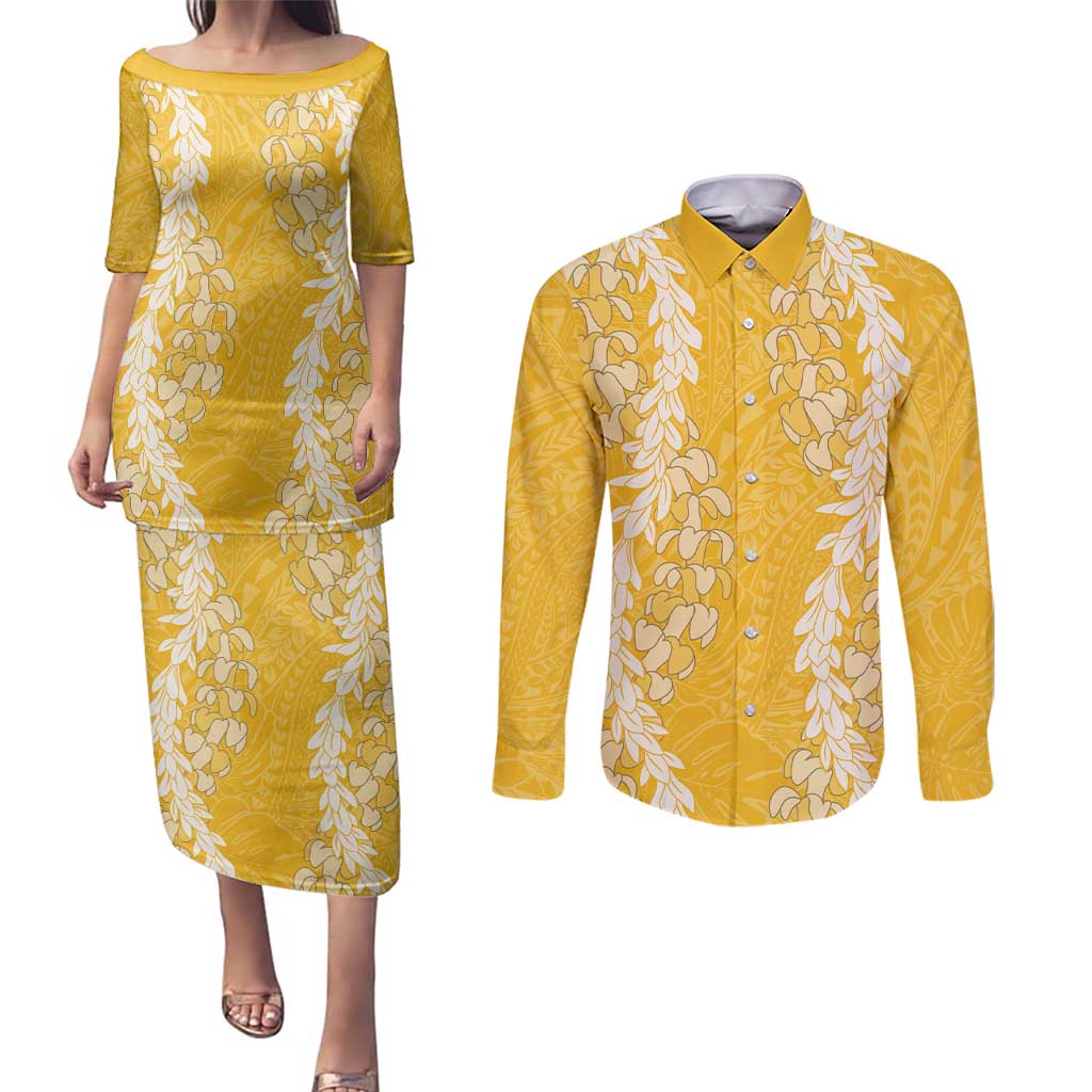 Puakenikeni and Maile Lei Couples Matching Puletasi and Long Sleeve Button Shirt Gold Double Strand Lei