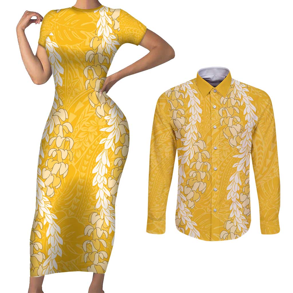 Puakenikeni and Maile Lei Couples Matching Short Sleeve Bodycon Dress and Long Sleeve Button Shirt Gold Double Strand Lei LT9 Gold - Polynesian Pride