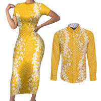 Puakenikeni and Maile Lei Couples Matching Short Sleeve Bodycon Dress and Long Sleeve Button Shirt Gold Double Strand Lei LT9 Gold - Polynesian Pride