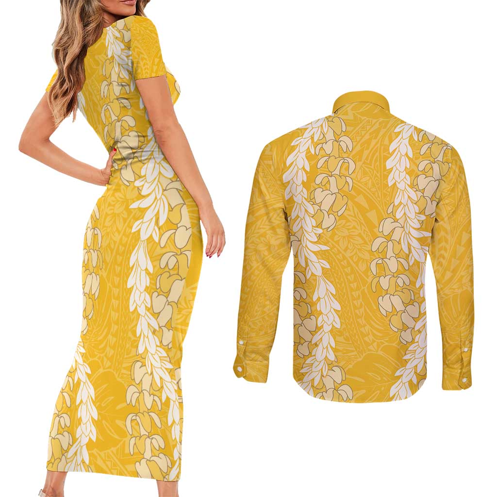 Puakenikeni and Maile Lei Couples Matching Short Sleeve Bodycon Dress and Long Sleeve Button Shirt Gold Double Strand Lei LT9 - Polynesian Pride