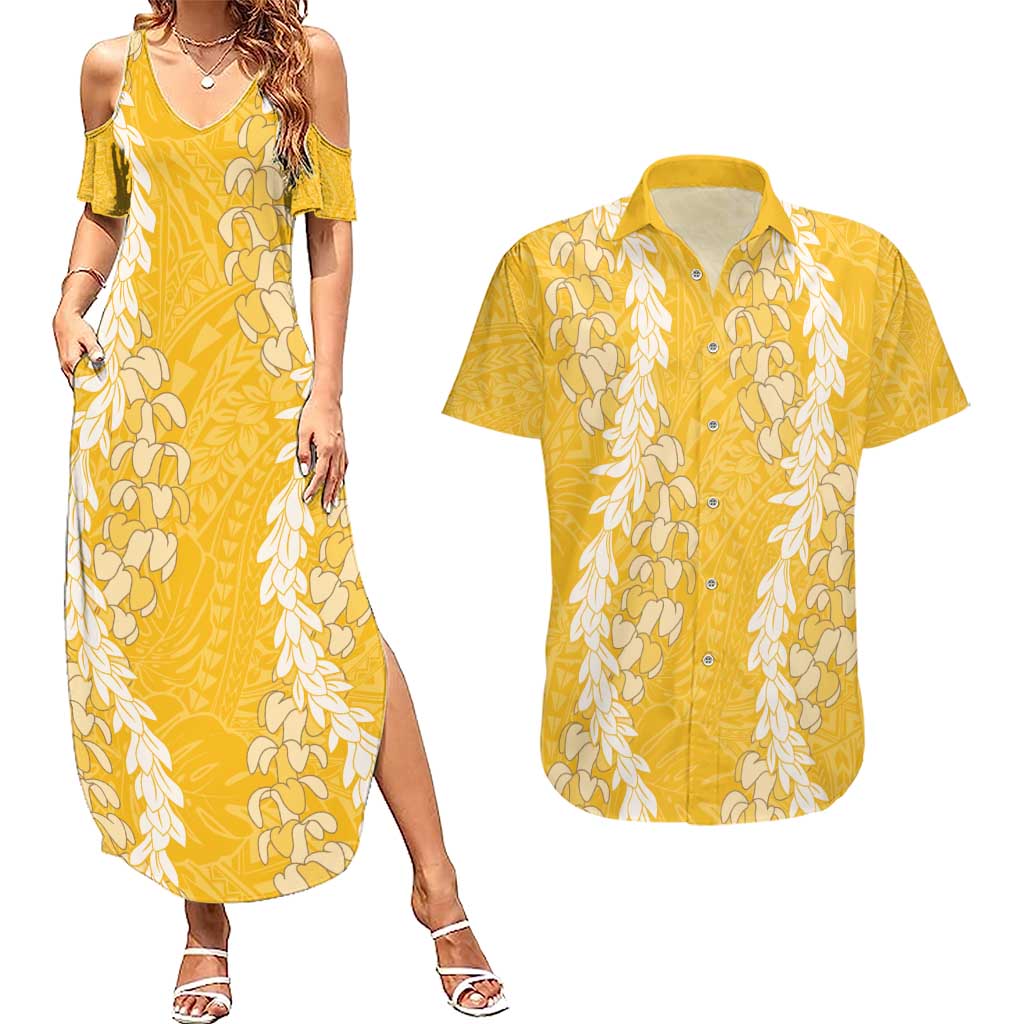 Puakenikeni and Maile Lei Couples Matching Summer Maxi Dress and Hawaiian Shirt Gold Double Strand Lei