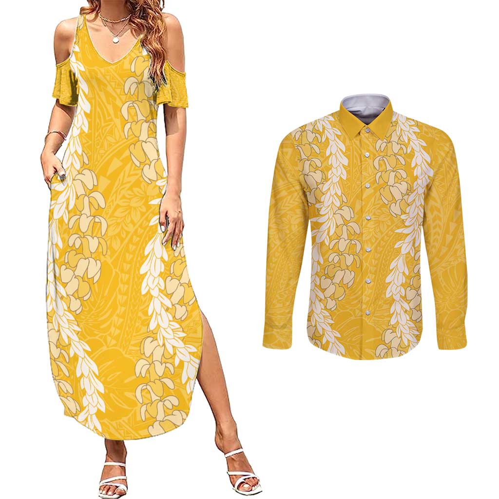 Puakenikeni and Maile Lei Couples Matching Summer Maxi Dress and Long Sleeve Button Shirt Gold Double Strand Lei