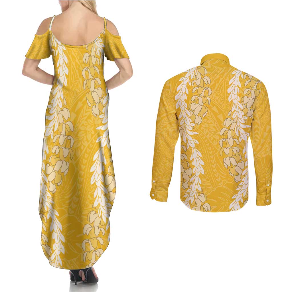 Puakenikeni and Maile Lei Couples Matching Summer Maxi Dress and Long Sleeve Button Shirt Gold Double Strand Lei