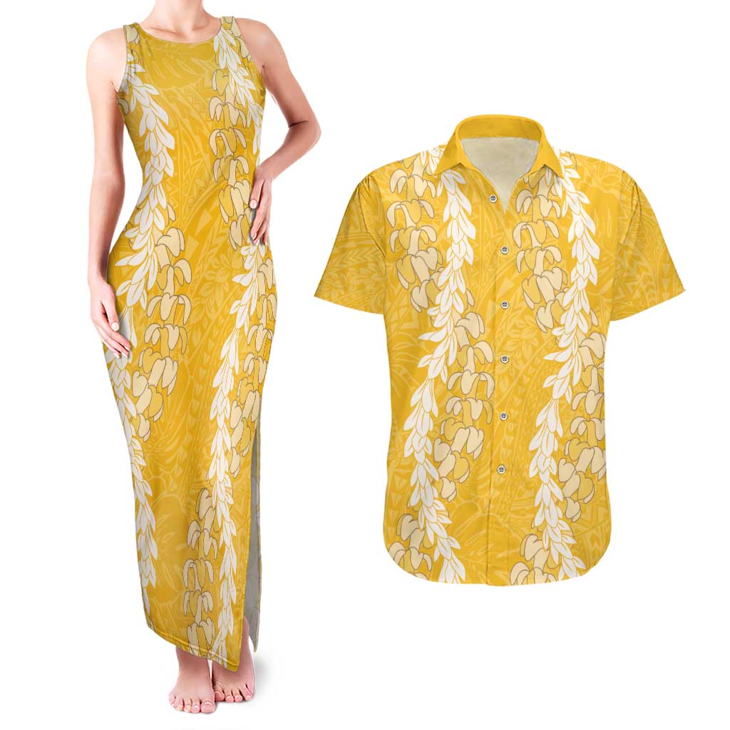 Puakenikeni and Maile Lei Couples Matching Tank Maxi Dress and Hawaiian Shirt Gold Double Strand Lei