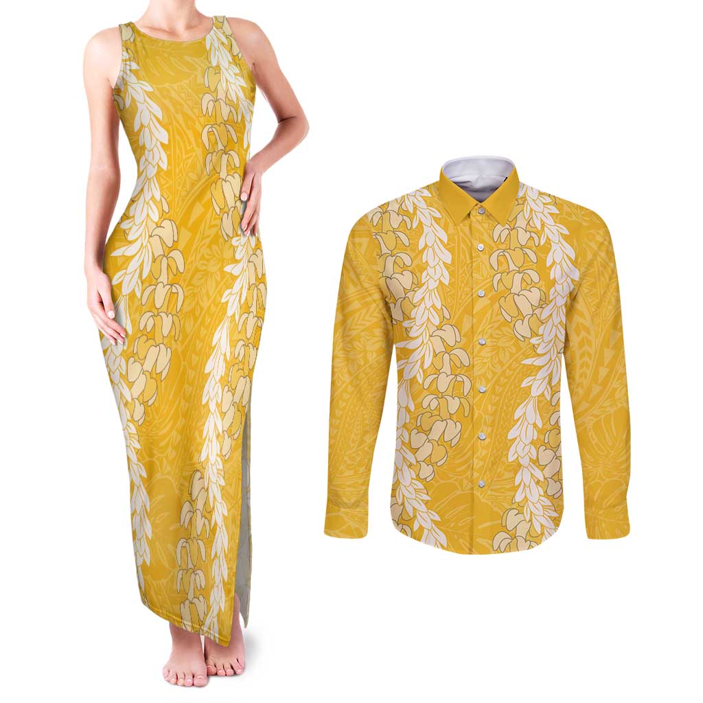 Puakenikeni and Maile Lei Couples Matching Tank Maxi Dress and Long Sleeve Button Shirt Gold Double Strand Lei