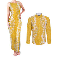 Puakenikeni and Maile Lei Couples Matching Tank Maxi Dress and Long Sleeve Button Shirt Gold Double Strand Lei