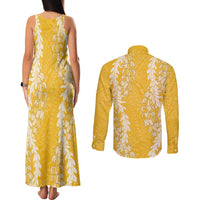 Puakenikeni and Maile Lei Couples Matching Tank Maxi Dress and Long Sleeve Button Shirt Gold Double Strand Lei