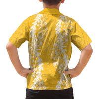 Puakenikeni and Maile Lei Family Matching Long Sleeve Bodycon Dress and Hawaiian Shirt Gold Double Strand Lei