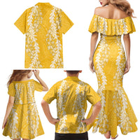 Puakenikeni and Maile Lei Family Matching Mermaid Dress and Hawaiian Shirt Gold Double Strand Lei