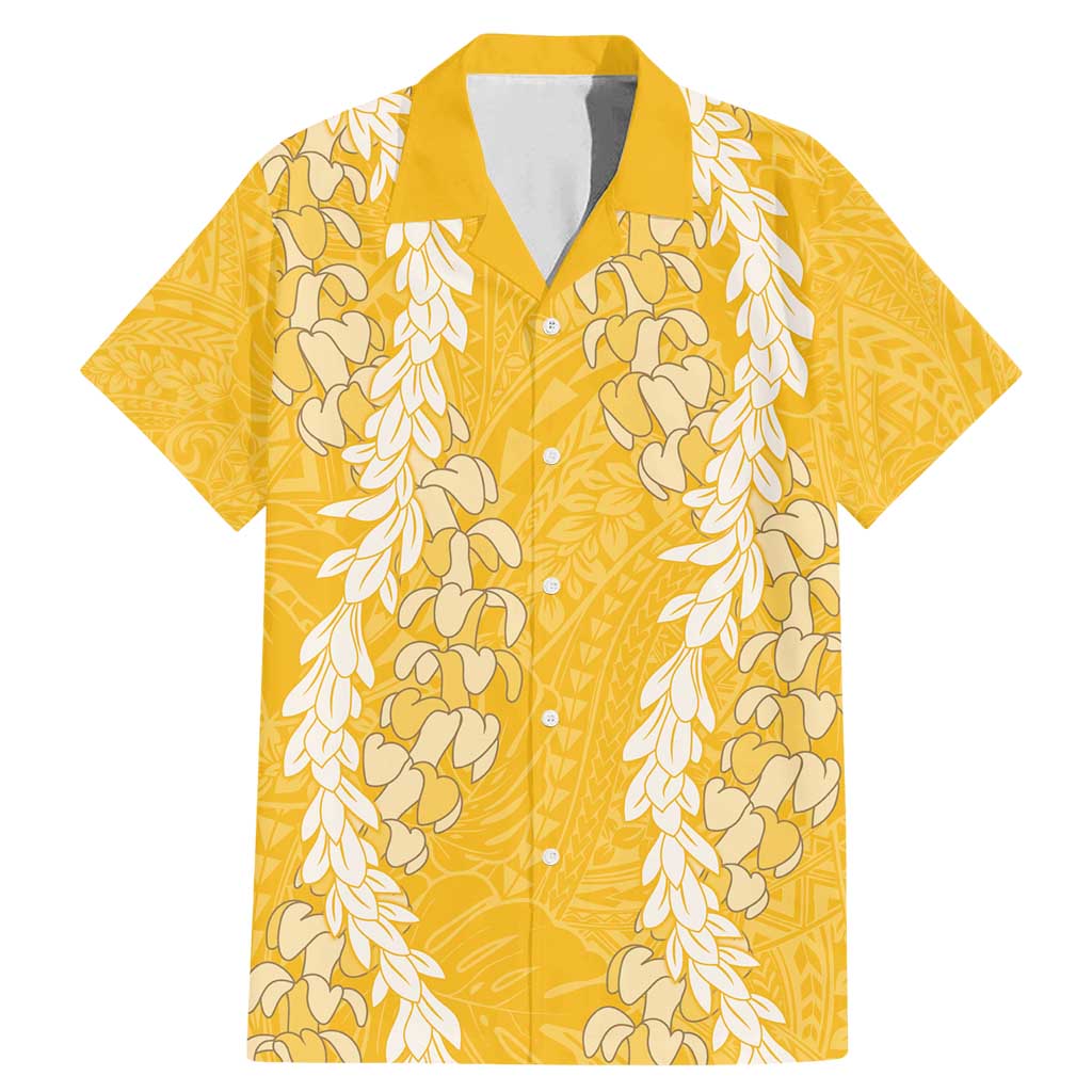 Puakenikeni and Maile Lei Family Matching Mermaid Dress and Hawaiian Shirt Gold Double Strand Lei