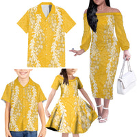Puakenikeni and Maile Lei Family Matching Off The Shoulder Long Sleeve Dress and Hawaiian Shirt Gold Double Strand Lei