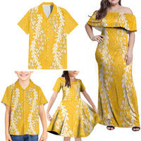Puakenikeni and Maile Lei Family Matching Off Shoulder Maxi Dress and Hawaiian Shirt Gold Double Strand Lei