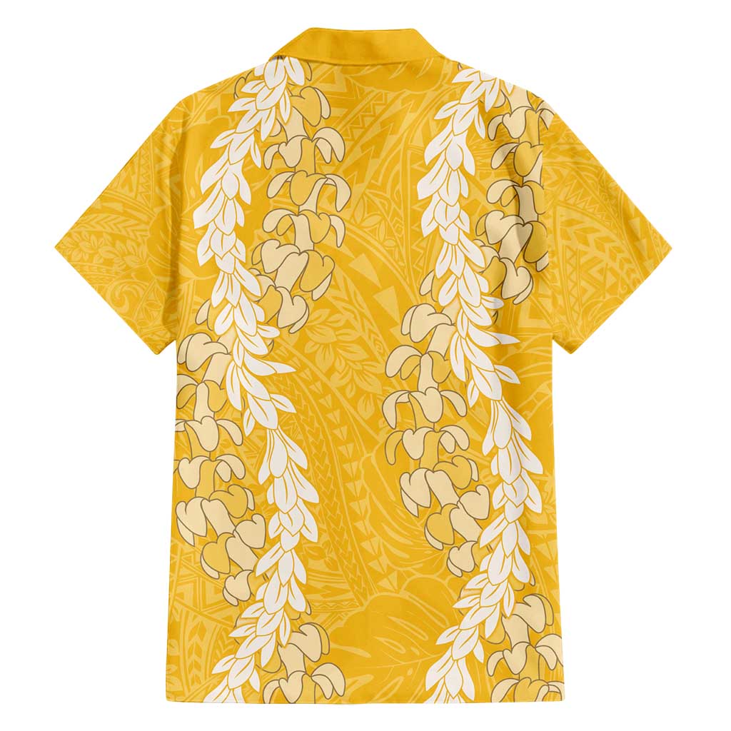 Puakenikeni and Maile Lei Family Matching Off Shoulder Maxi Dress and Hawaiian Shirt Gold Double Strand Lei