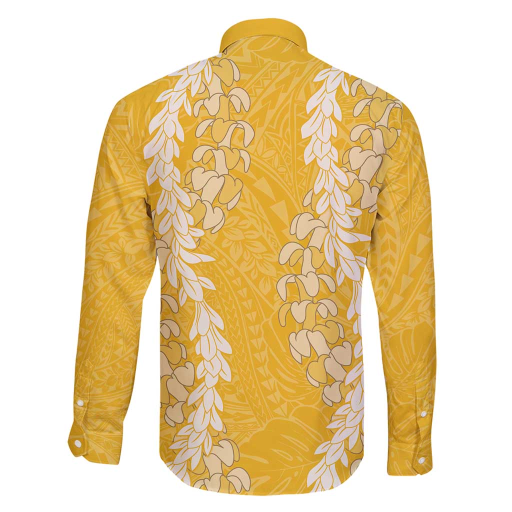 Puakenikeni and Maile Lei Family Matching Off Shoulder Maxi Dress and Hawaiian Shirt Gold Double Strand Lei