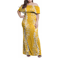 Puakenikeni and Maile Lei Family Matching Off Shoulder Maxi Dress and Hawaiian Shirt Gold Double Strand Lei