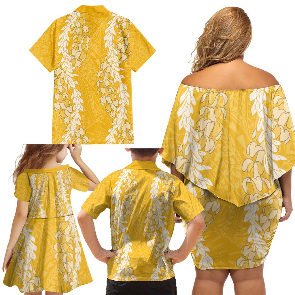 Puakenikeni and Maile Lei Family Matching Off Shoulder Short Dress and Hawaiian Shirt Gold Double Strand Lei