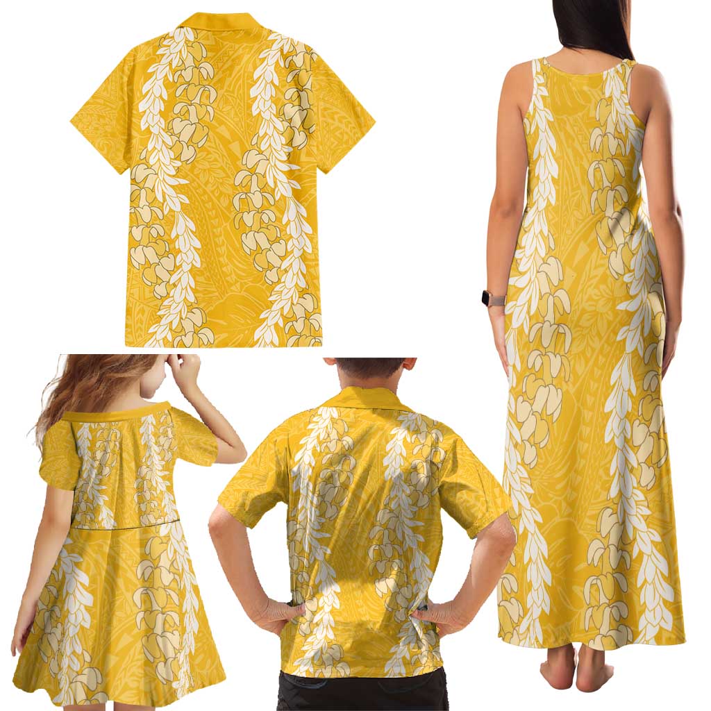 Puakenikeni and Maile Lei Family Matching Tank Maxi Dress and Hawaiian Shirt Gold Double Strand Lei
