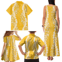 Puakenikeni and Maile Lei Family Matching Tank Maxi Dress and Hawaiian Shirt Gold Double Strand Lei