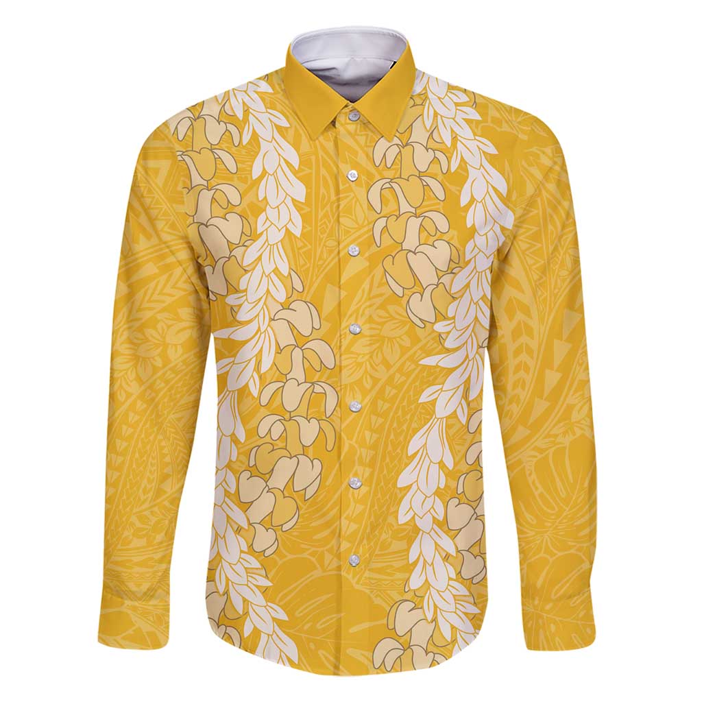 Puakenikeni and Maile Lei Family Matching Tank Maxi Dress and Hawaiian Shirt Gold Double Strand Lei