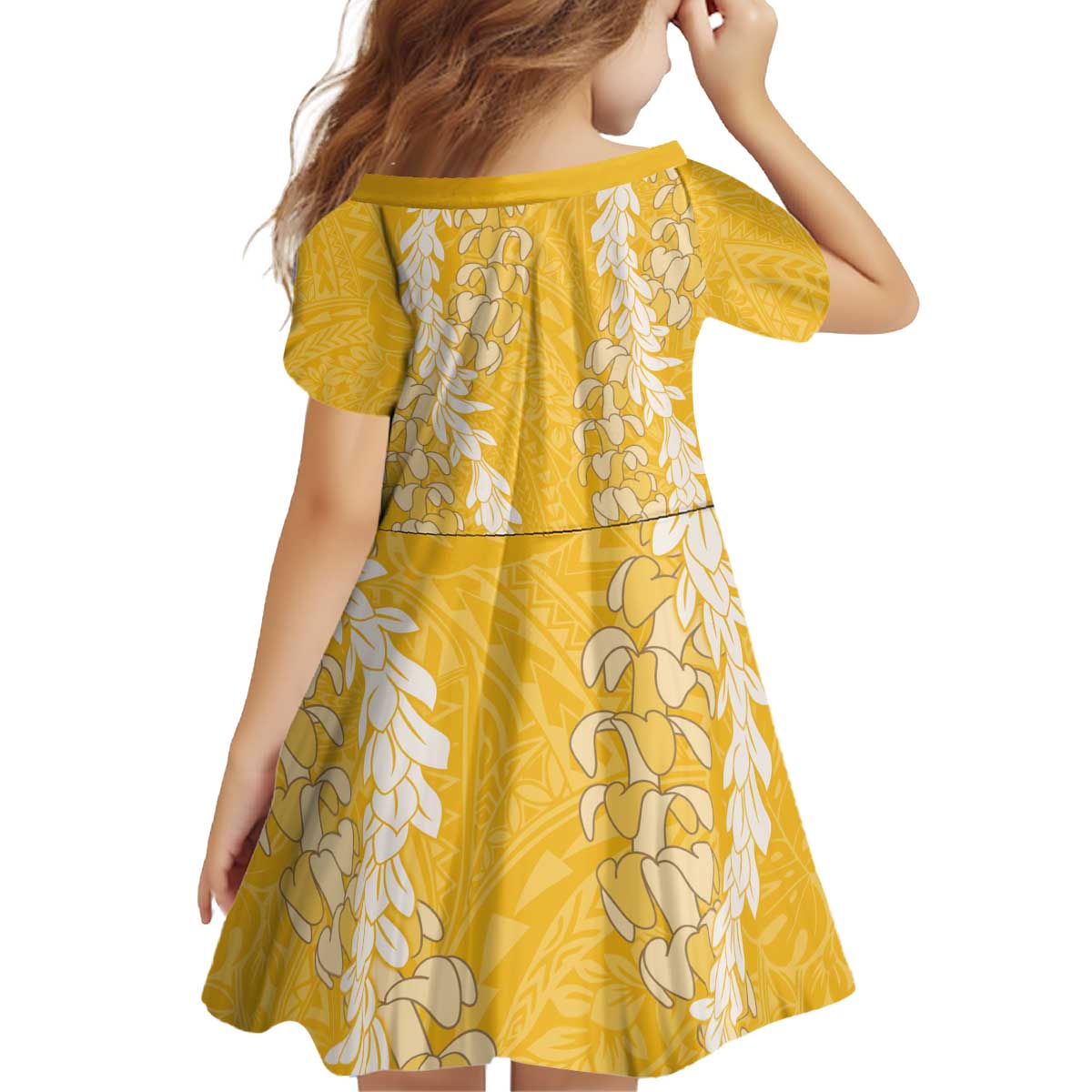 Puakenikeni and Maile Lei Kid Short Sleeve Dress Gold Double Strand Lei