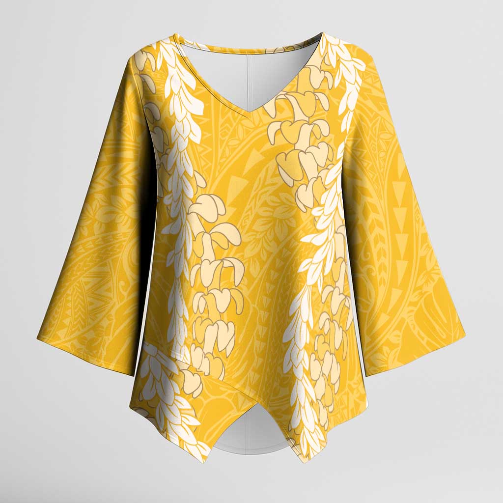Puakenikeni and Maile Lei Kimono Sleeve Blouse Gold Double Strand Lei - Polynesian Pride