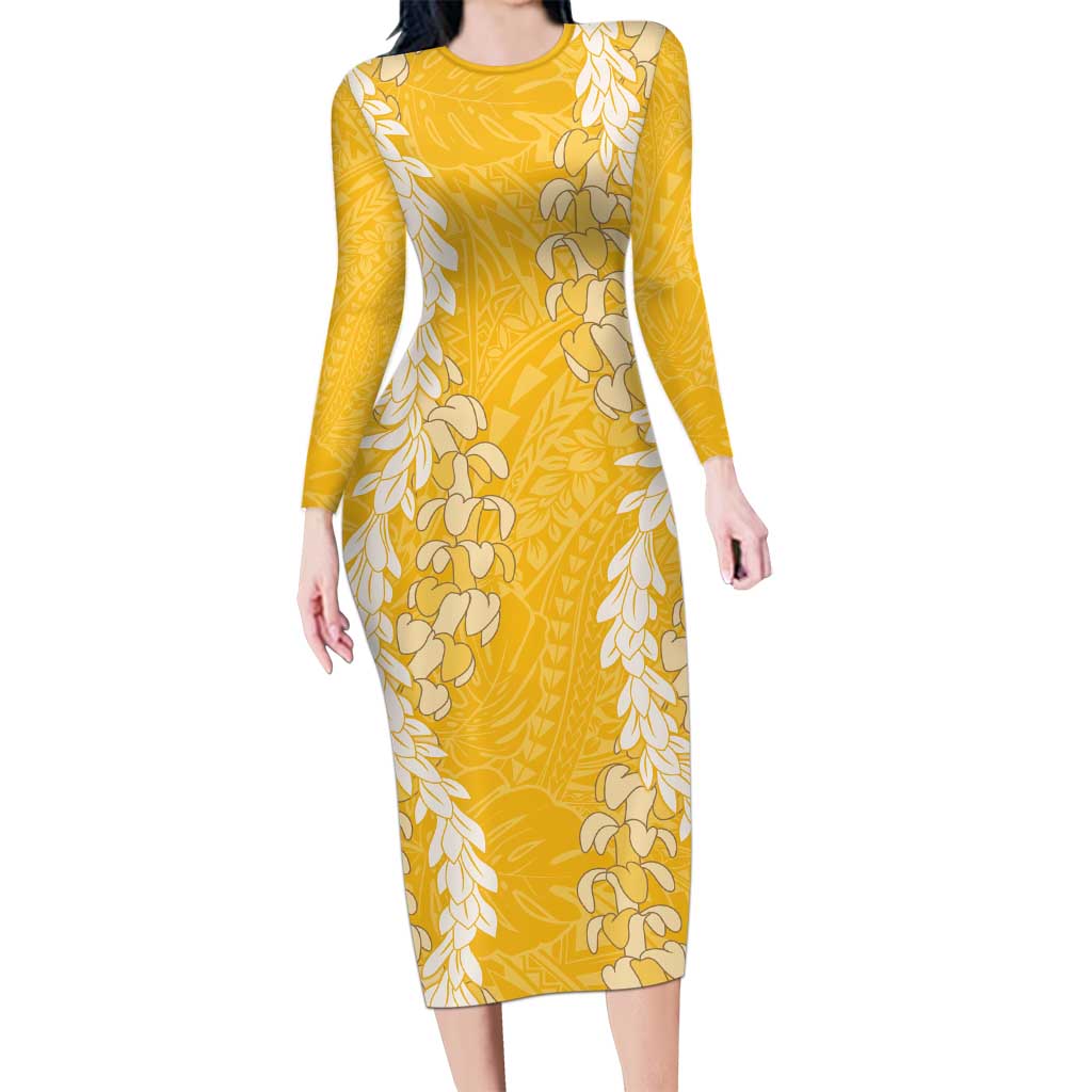 Puakenikeni and Maile Lei Long Sleeve Bodycon Dress Gold Double Strand Lei