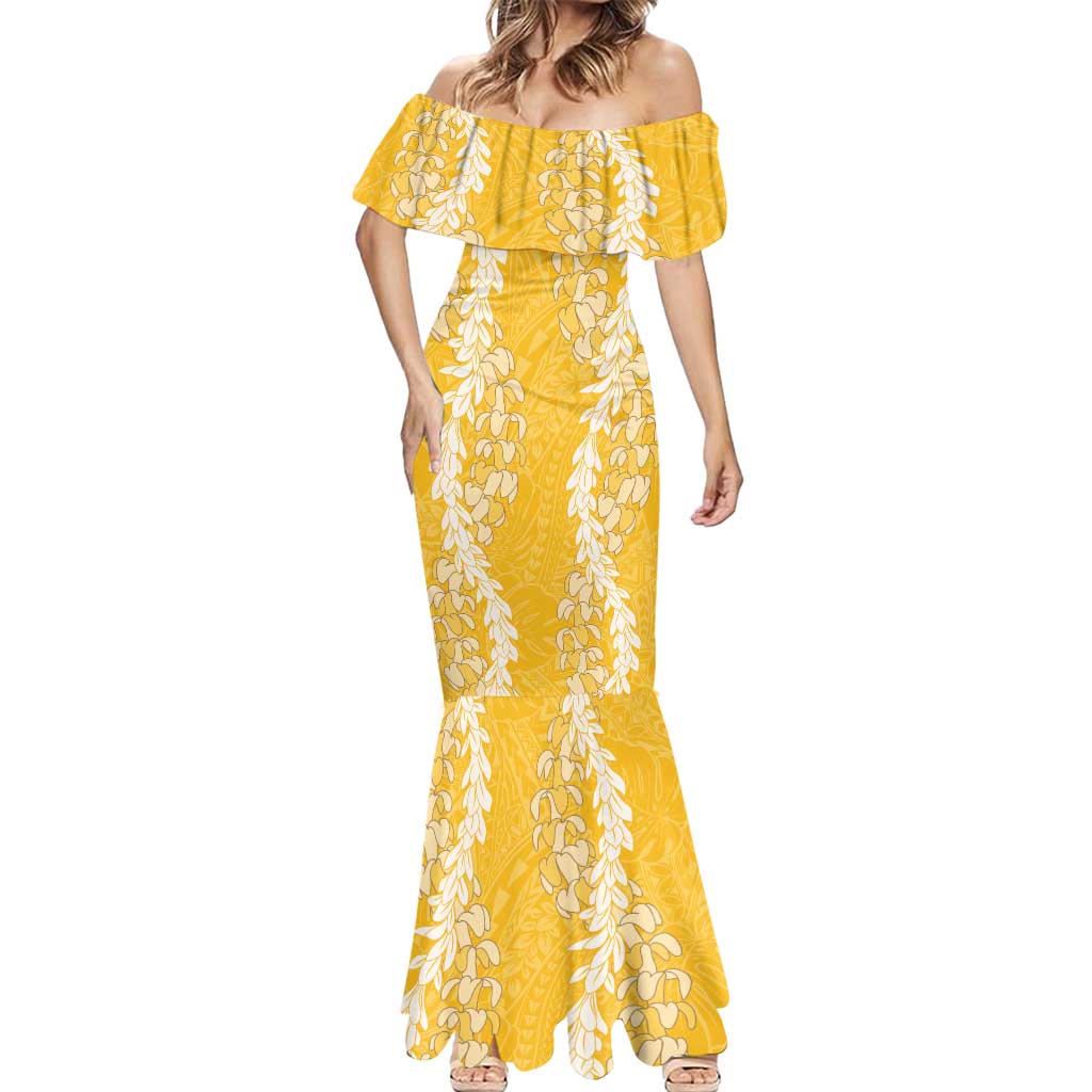Puakenikeni and Maile Lei Mermaid Dress Gold Double Strand Lei