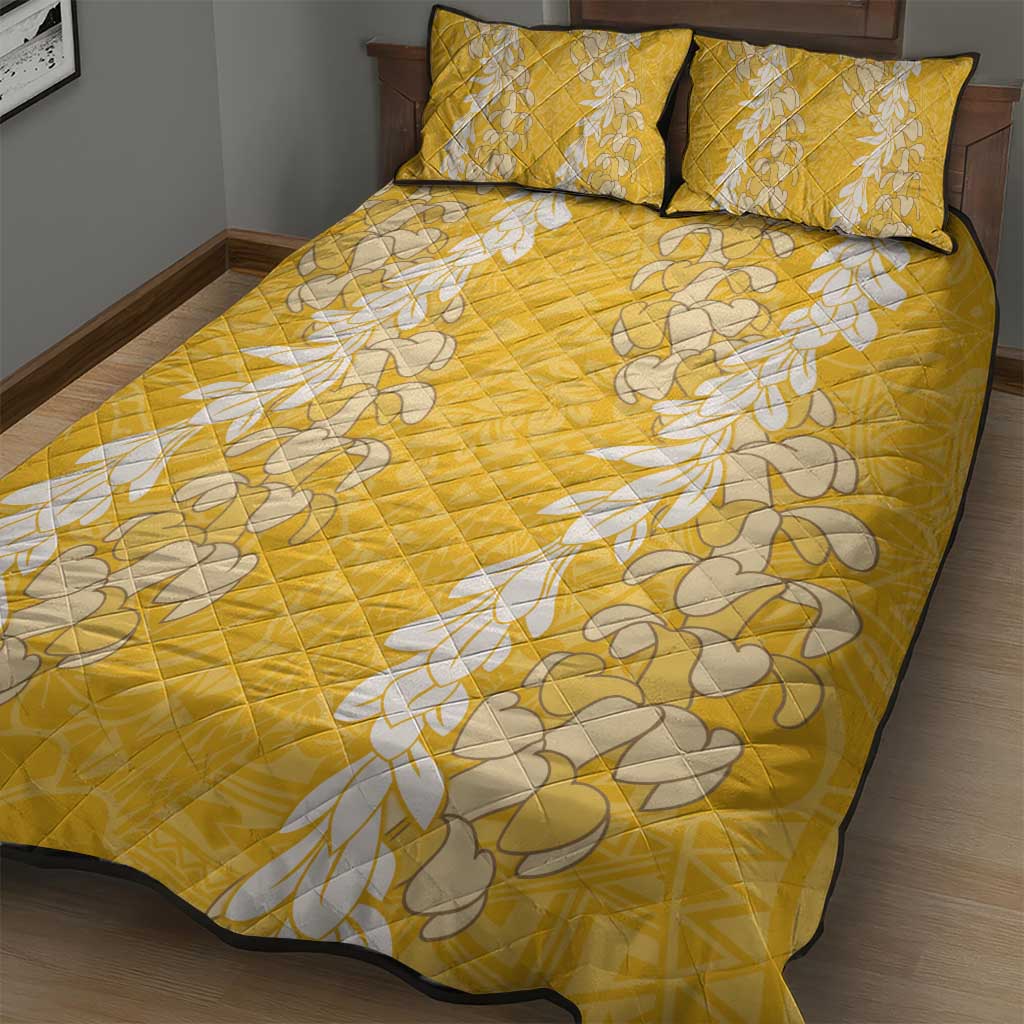 Puakenikeni and Maile Lei Quilt Bed Set Gold Double Strand Lei