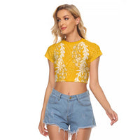 Puakenikeni and Maile Lei Raglan Cropped T Shirt Gold Double Strand Lei