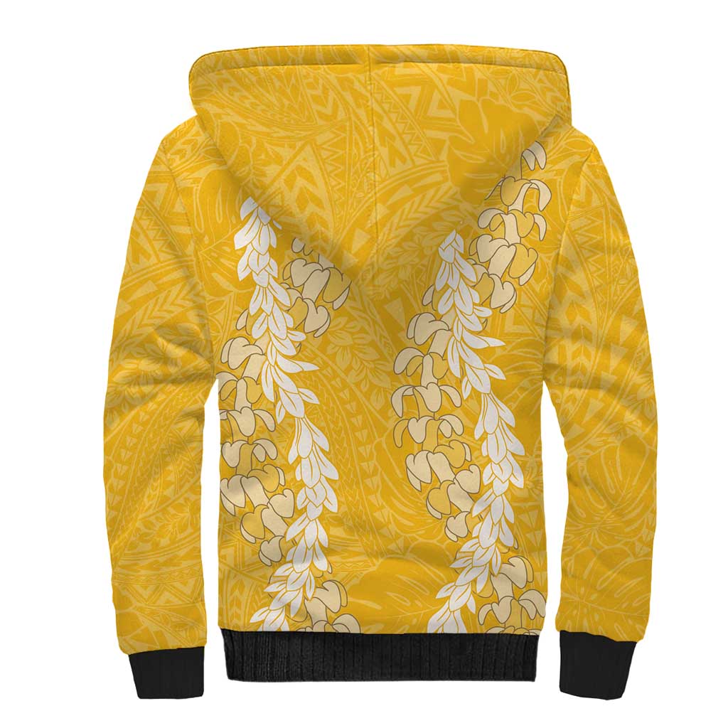 Puakenikeni and Maile Lei Sherpa Hoodie Gold Double Strand Lei