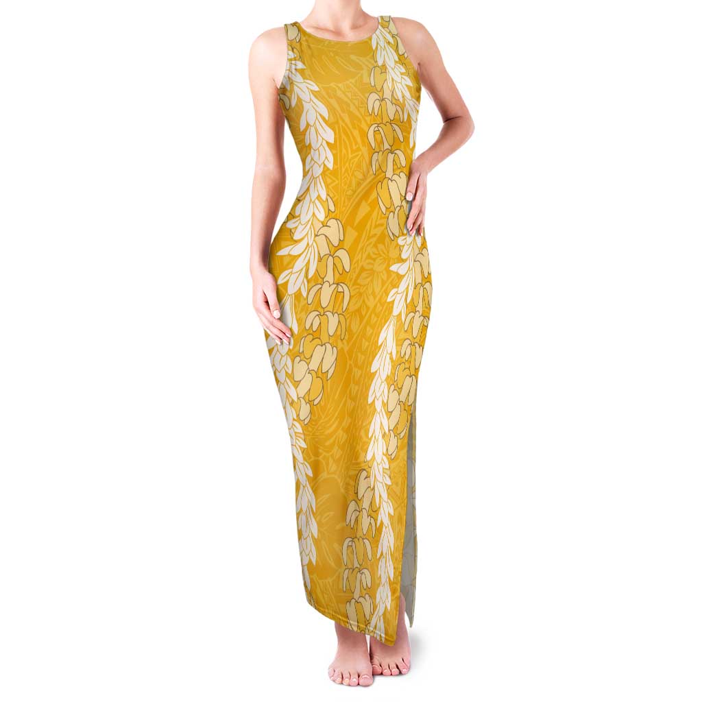 Puakenikeni and Maile Lei Tank Maxi Dress Gold Double Strand Lei