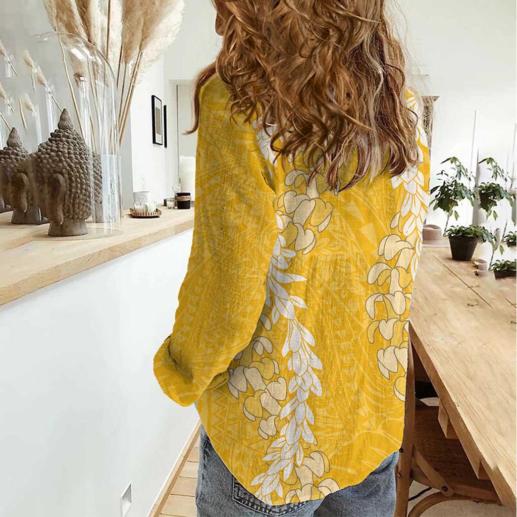 Puakenikeni and Maile Lei Women Casual Shirt Gold Double Strand Lei