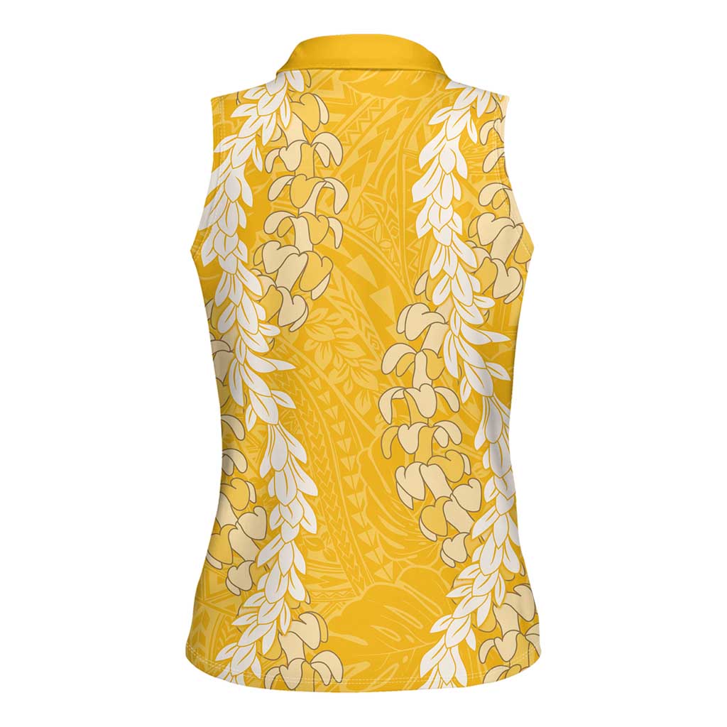 Puakenikeni and Maile Lei Women Sleeveless Polo Shirt Gold Double Strand Lei