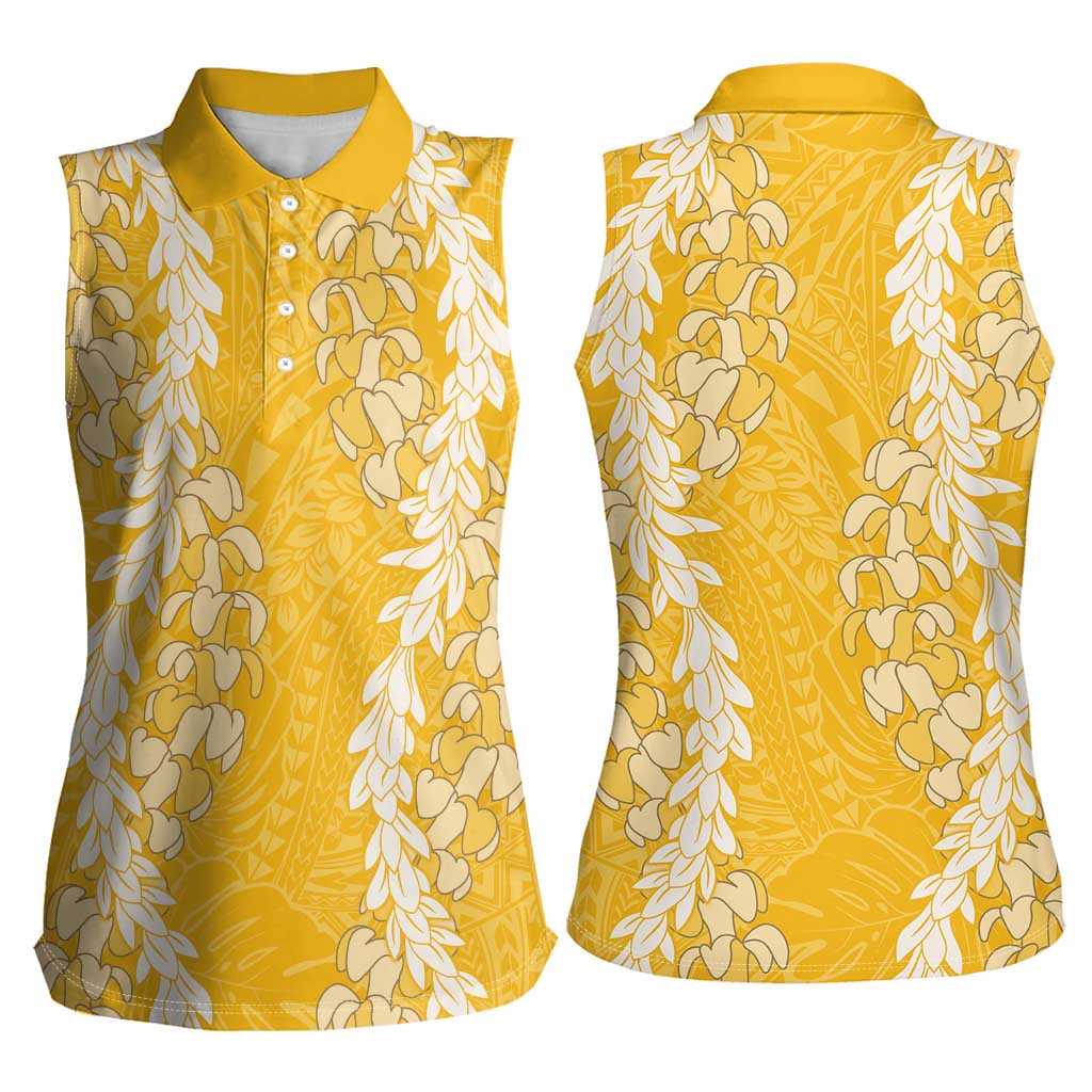 Puakenikeni and Maile Lei Women Sleeveless Polo Shirt Gold Double Strand Lei
