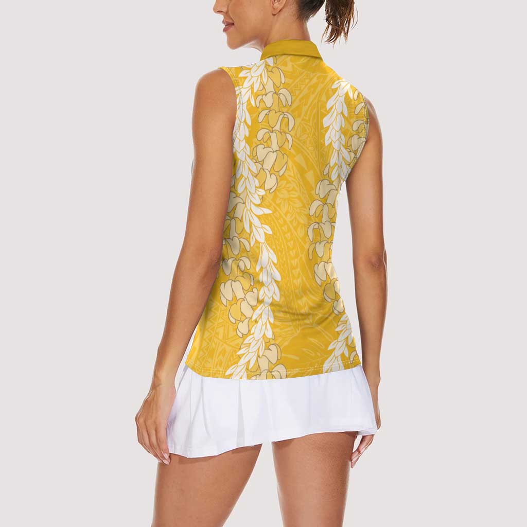 Puakenikeni and Maile Lei Women Sleeveless Polo Shirt Gold Double Strand Lei