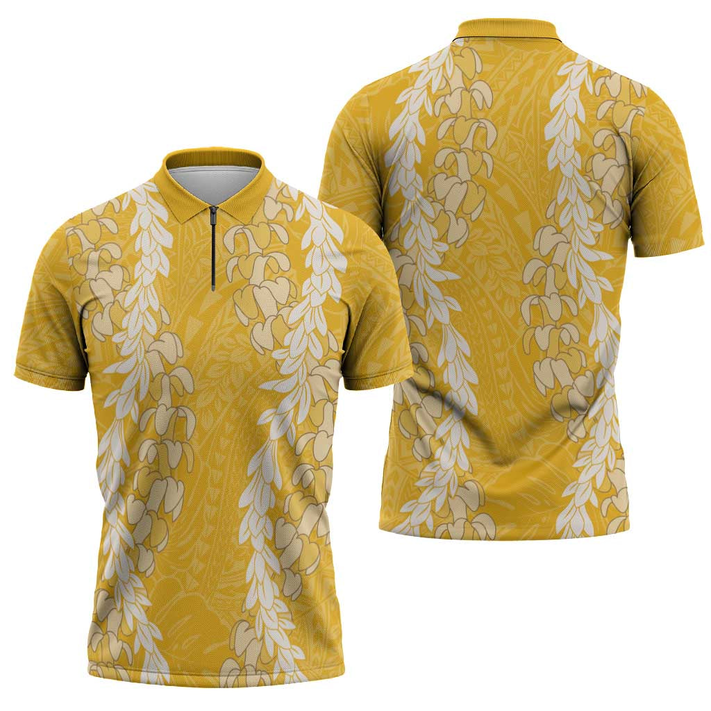 Puakenikeni and Maile Lei Zipper Polo Shirt Gold Double Strand Lei - Polynesian Pride